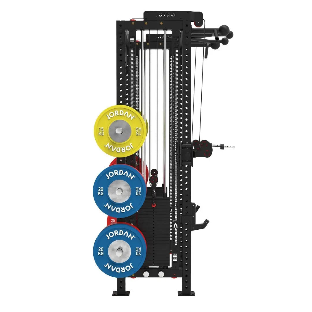 The JORDAN -J75 Cable Rack in black is a versatile gym power rack with barbells and weight plates on both sides. It features storage for weights and equipment, making it ideal for strength training exercises. The top arch is labeled Jordan.