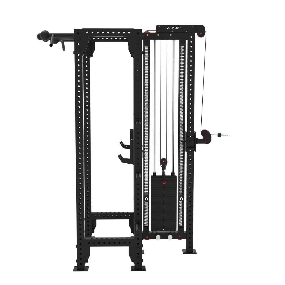The JORDAN -J75 T-Rack in black, from the brand Jordan, includes blue and red weightlifting plates. This multifunctional machine offers a versatile workout with its cables, pulleys, and adjustable features.