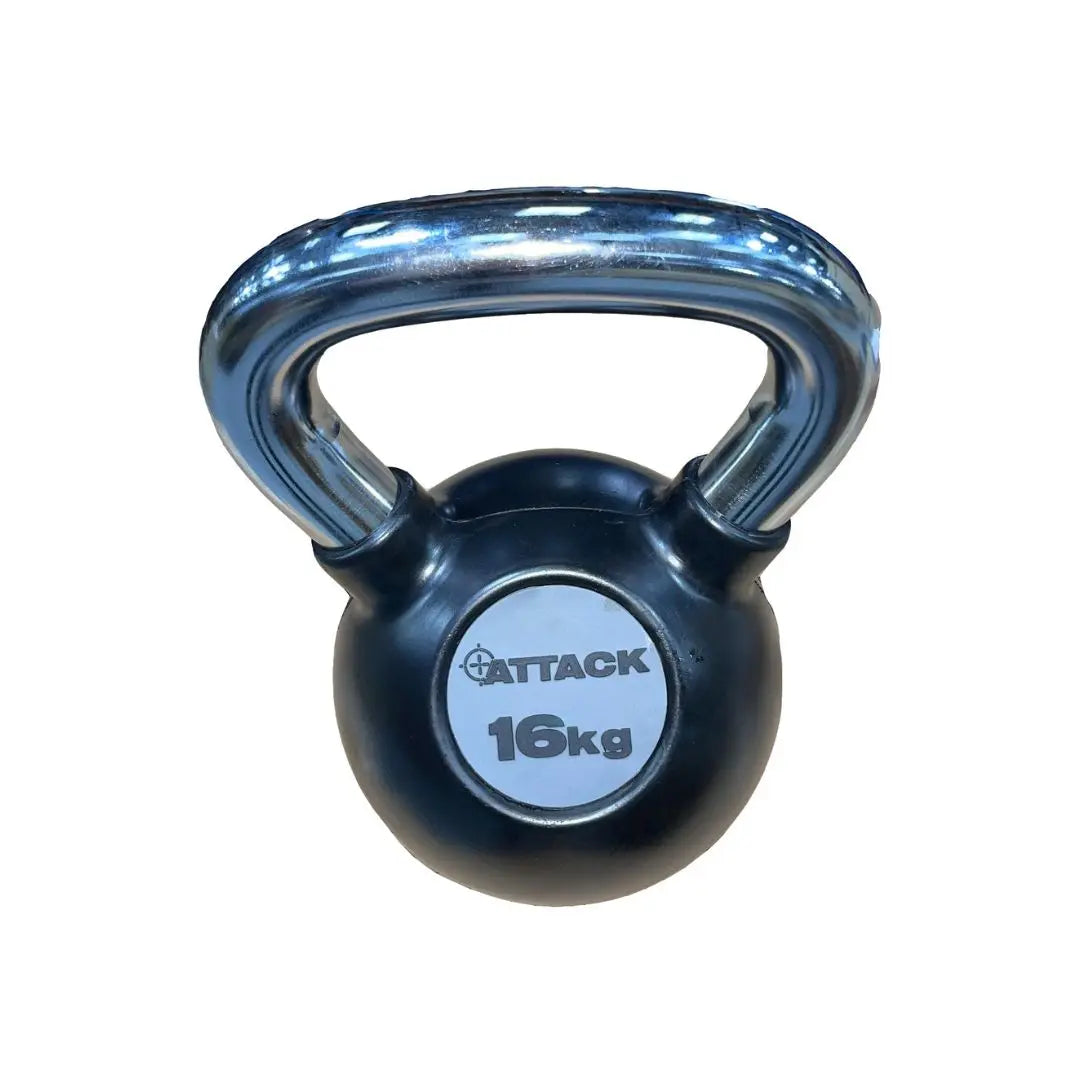 The Attack Fitness Chrome Handle Rubber Kettlebell, shown here in black with a chrome handle and 24kg label, is set against a plain white background.